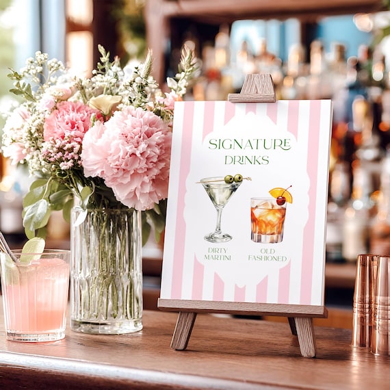 Bridal Shower Pink Striped Signature Cocktail Sign: Wedding Drinks/Bar Menu, (Editable Printable)