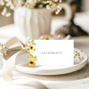 Plantilla de tarjeta de lugar con girasol, tarjeta de nombre con girasol, tarjeta de lugar plegable para boda, tarjeta de nombre floral para mesa de baby shower, editable, imprimible #ssf