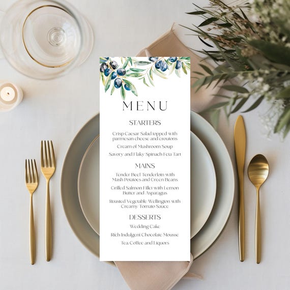 Olive Wedding Menu Template: Mediterranean Printable (Digital Download) Editable #oli