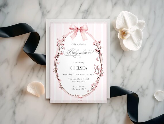 Pink Blossom Baby Shower Invitation : Bow, Wildflower (Editable Printable) Instant Download #pbb
