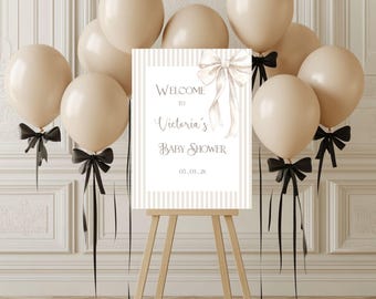 Beige Pinstripe Baby Shower Welcome Sign: Gender Neutral Bow (Printable/Editable Template) #vps