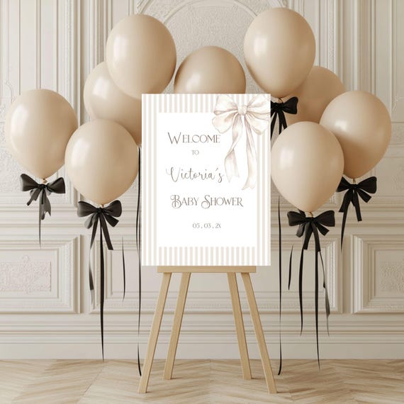 Beige Pinstripe Baby Shower Welcome Sign: Gender Neutral Bow (Printable/Editable Template) #vps