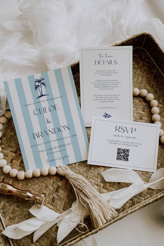 Coastal Wedding Invitation Suite: Blue stripes, Palm Tree ( Editable Printable) Instant Download #scb