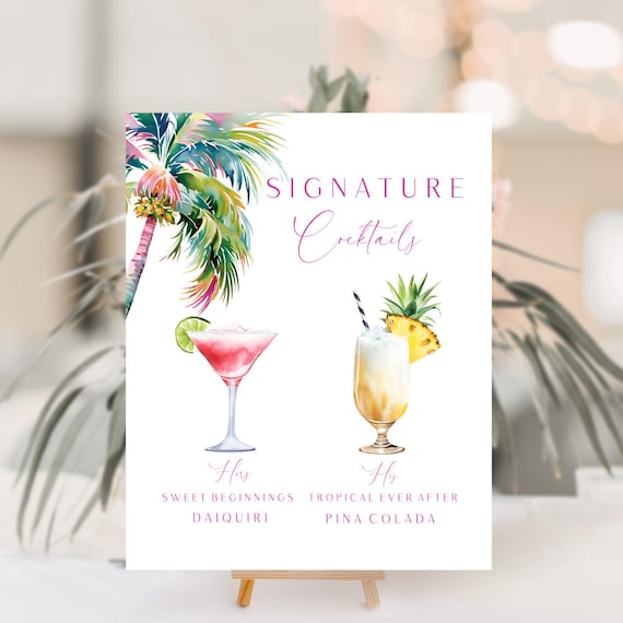Tropical Wedding Signature Drinks Sign: His & Hers Editable Cocktails (Printable) Digital Download