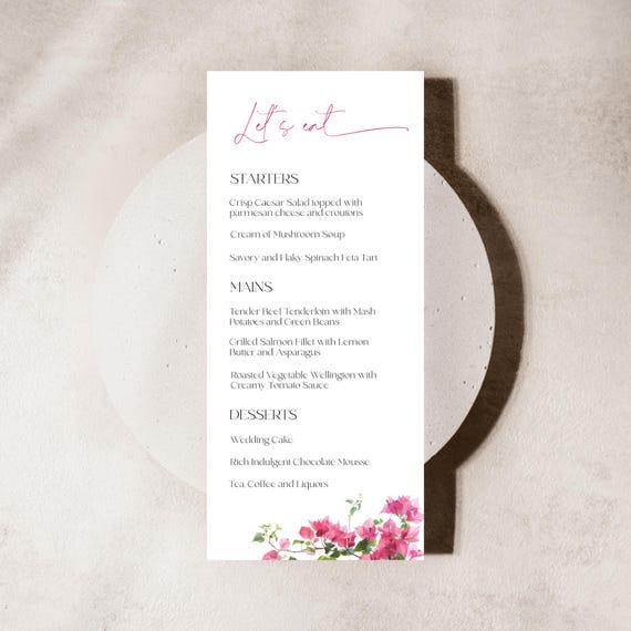 Bougainvillea Wedding Menu Template: Pink Floral Printable Menu (4x9", Digital Download #bgv
