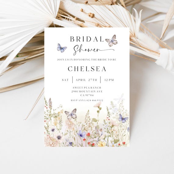 Wildflower Bridal Shower Invitation, Spring Flowers, Butterflies, (Editable Printable) Digital #wsb