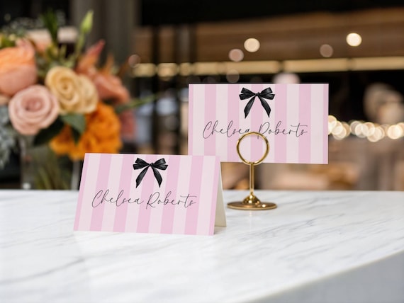 Pink Stripe Bow Place Card Template: DIY Printable Name Card (Flat & Tent Fold) #vss