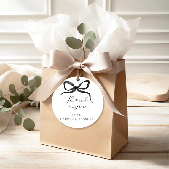 Black Bow Thank You Favor Stickers/Tags Template: Modern 2" Round Labels (Digital) #BELLA
