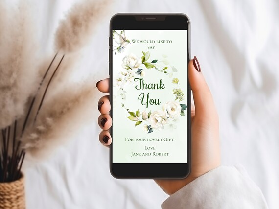 Floral White Rose Thank You E-Card: Editable Greenery Design (Digital Card)