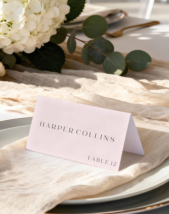 Modern Blush Wedding Place Card Template: Elegant Pink & Black Name Card, Printable (Editable) #bnp