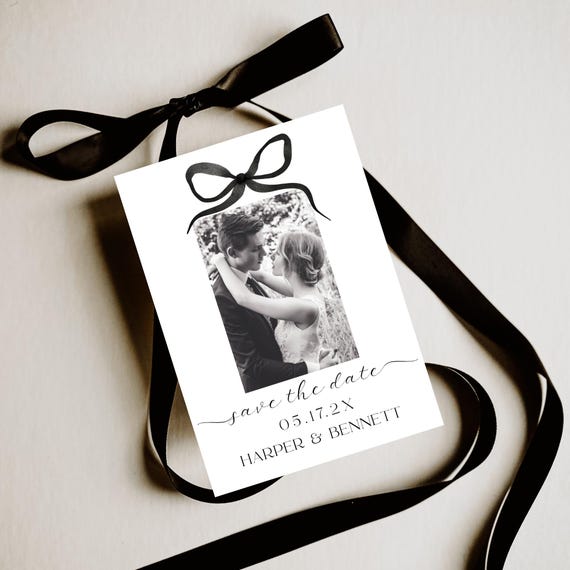 Modern Photo Save The Date: Minimalist Black Bow Wedding Announcement (Printable Template) Editable #BELLA