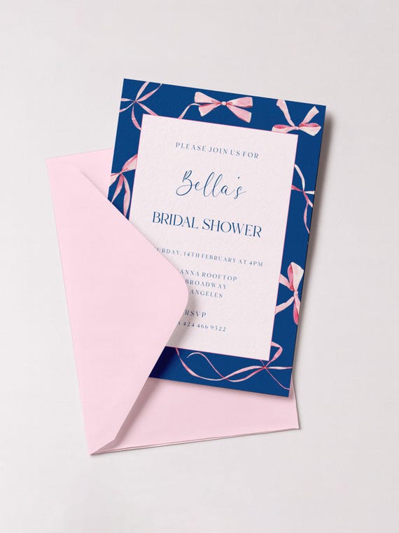 Modern Bows Bridal Shower Invitation: Pink Ribbon (Editable Printable) Instant Download