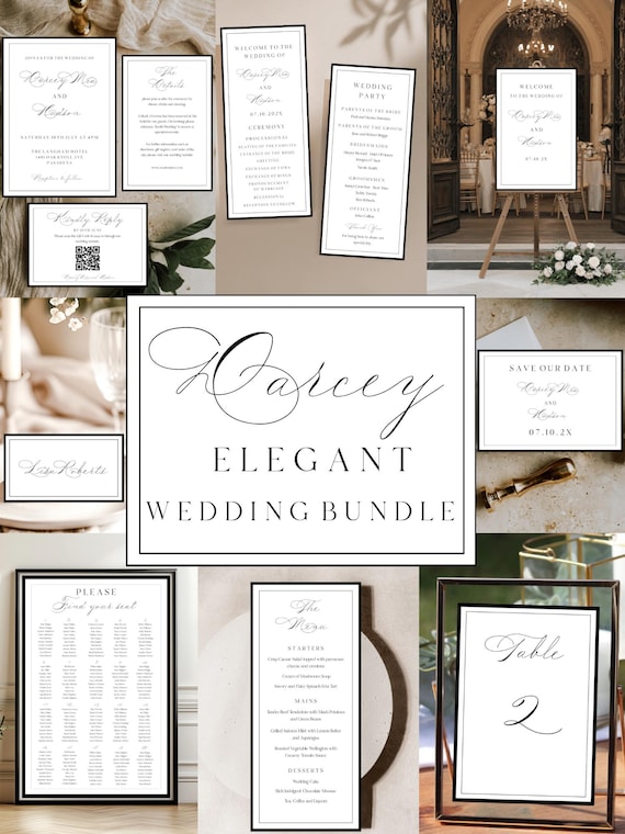 Elegant Script Wedding Bundle Template: Black Border, Modern Design (Digital Download) Printable #DARCEY