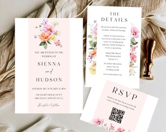 Wildflower Wedding Invitation Suite: Spring Pink Floral Template (Editable Digital Download) #pan