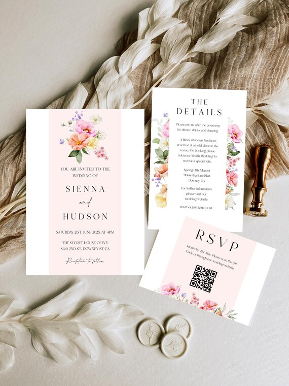 Wildflower Wedding Invitation Suite: Spring Pink Floral Template (Editable Digital Download) #pan