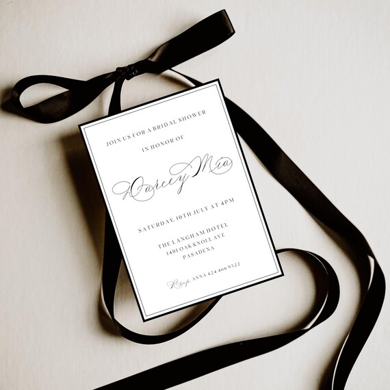 Elegant Script Bridal Shower Invitation Template: Black & White Minimalist (Digital Download) #DARCEY
