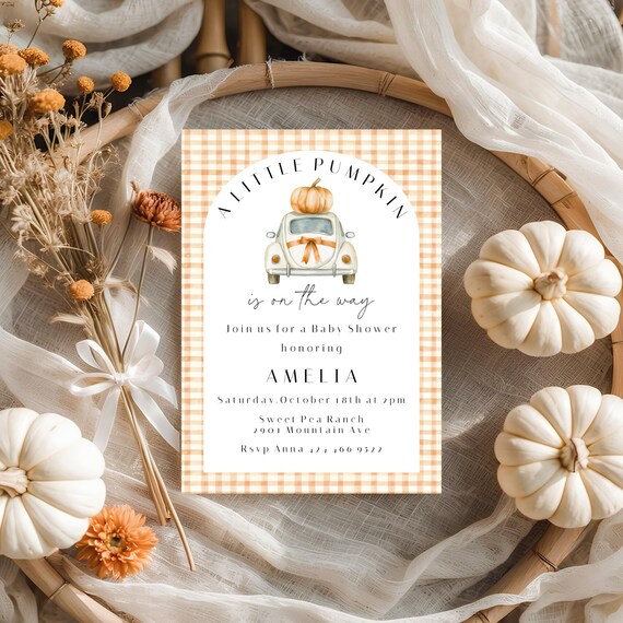 Fall Pumpkin Baby Shower Invitation Template: Gingham Bow (Digital Download) #fcs