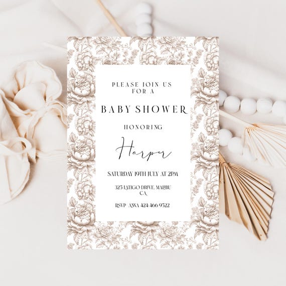 Neutral Toile Baby Shower Invitation Template: Beige Floral (Editable,Printable) #toi