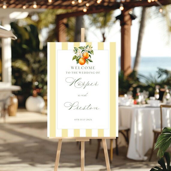 Orange Blossom Wedding Welcome Sign, Coastal, Striped, Mediterranean ( Editable Printable ) Digital #ost
