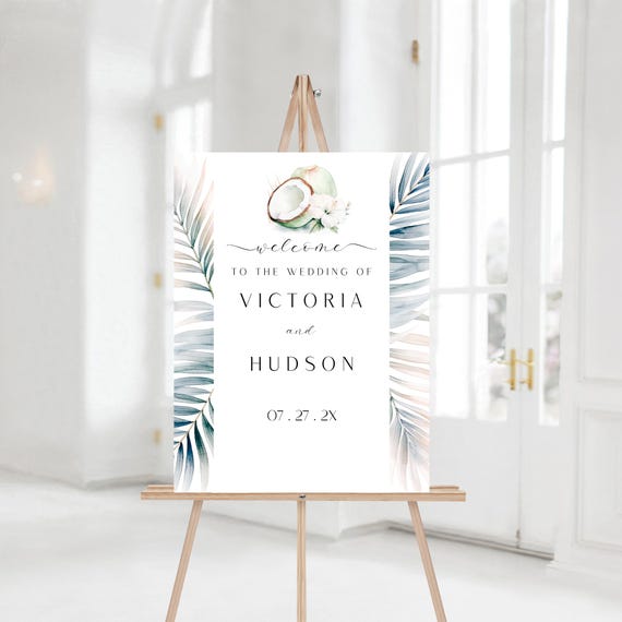 Tropical Wedding Welcome Sign Template: Modern Palm Leaves (Editable,Printable) #tro