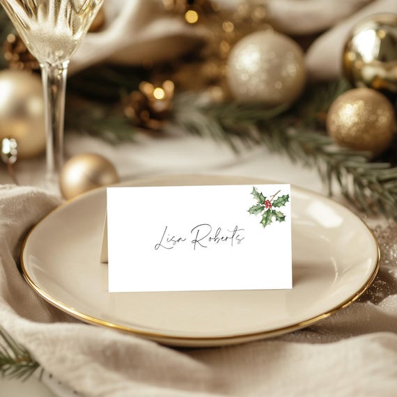 Christmas Holly Wedding Place Card Template, Festive, Holidays, Modern (Printable Editable) Instant Download #chp