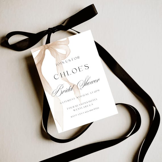 Elegant Beige Bow bridal Shower Invitation, Boho, Chic ( Editable Printable ) Instant Download #bbb