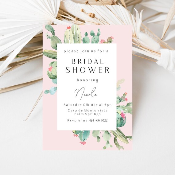 Desert Cactus Bridal Shower Invitation: Pink Floral Template (Digital Download) Printable