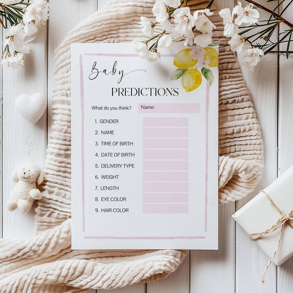 Lemons Baby Shower Game Template, Baby Predictions, Pink Floral, (Printable, Editable) Digital #lem