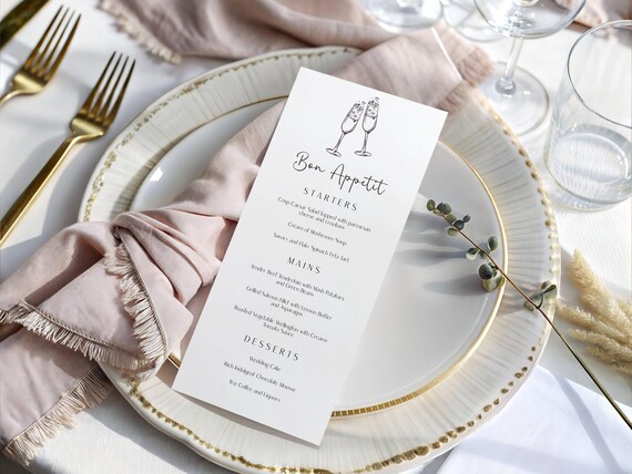 Bon Appetit Menu Template, Modern, Minimalist, Champagne Toast (Editable Printable) Instant Download