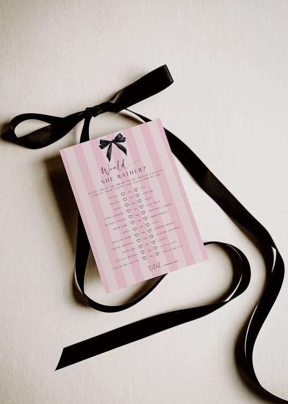 Bridal Shower Game Card, Would She Rather, PInk Stripes, Bow (Editable Printable) Digital #vss