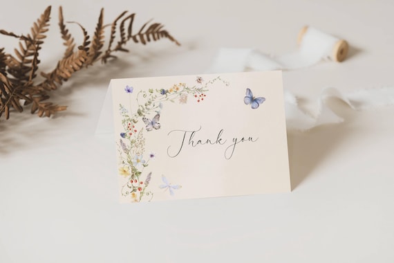 Elegant Wildflower Thank You Card Template, Butterfly, Tent Fold & Flat (Editable Printable) #dwf