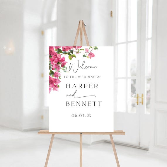 Bougainvillea Wedding Welcome Sign: Pink Floral, Coastal (Editable Digital Download) Printable #bgv