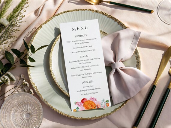 Floral Wedding Menu Template: Vibrant Summer Blooms (Editable,Printable) #ora