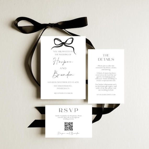 Modern Black Bow Wedding Invitation Suite: Minimalist Printable Set (Digital Download) Editable #BELLA