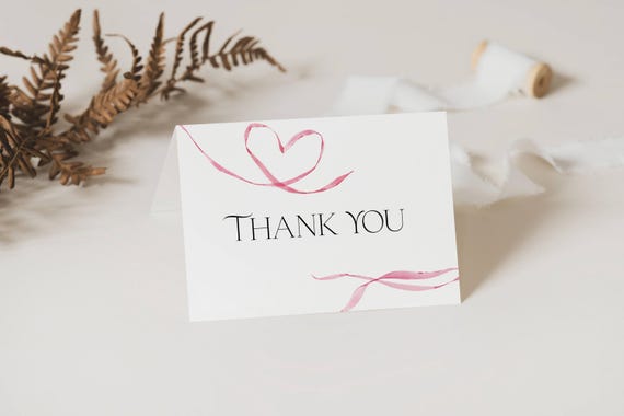 Elegant Ribbon Heart Thank You Card Template: Modern, Pink DIY Printable (5.5x4.25" Tent Fold & Flat)