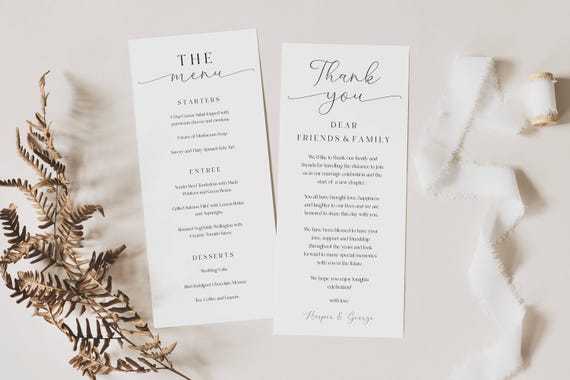 Modern Wedding Menu and Thank You Card Template (Digital Download)
