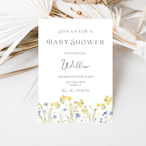 Wildflower Baby Shower Invitation Template: Blue & Yellow (Printable, Editable)