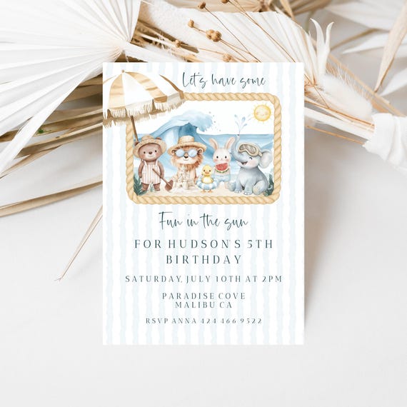 Beach Birthday Party Invitation Template: Editable Animal Design (5x7 Printable Digital Download)