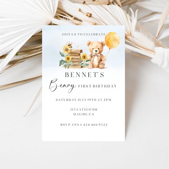 Bear First Birthday Invitation Template: Neutral Teddy, Sunflowers (Digital) Printable