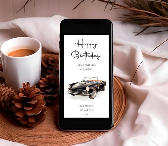 Vintage Car Birthday E-Card for Him: Editable Text (Instant Download)