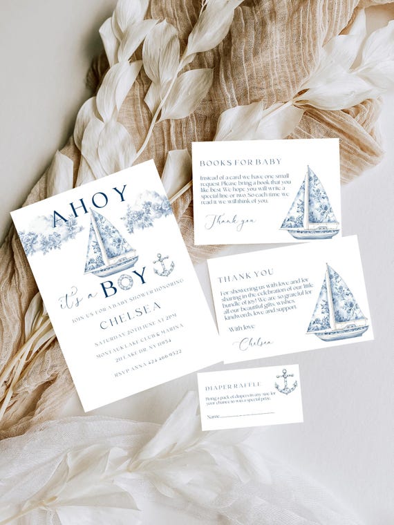 Coastal Boy Baby Shower Invitation Set, Blue Toile, Boat, Ocean (Editable Printable)  #btb