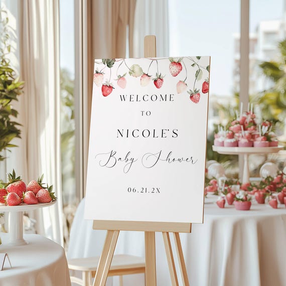 Wild Strawberry Baby Shower Welcome Sign Template (Editable Digital Download) Printable #rgb