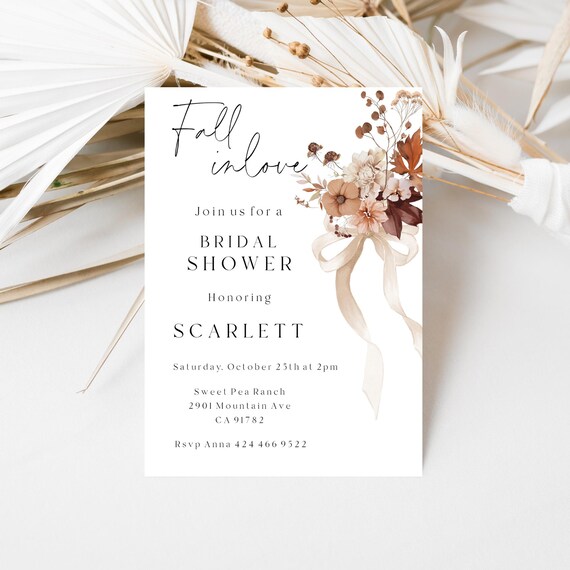 Fall In Love Bridal Shower Invitation Template: Autumn Floral, Boho Terracotta (Printable, Editable) #ffb