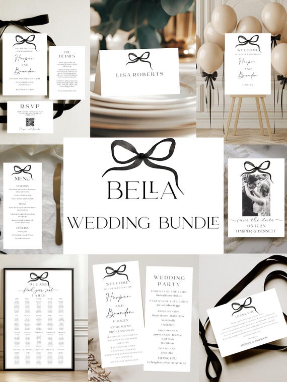 Modern Bow Wedding Invitation Bundle: Minimalist Black Tie, Printable (Digital Download) #BELLA