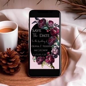 Invito a nozze Save The Date con peonie bordeaux autunnali, invito floreale rosso scuro e malva, elettronico, modificabile, messaggio di testo, matrimonio invernale