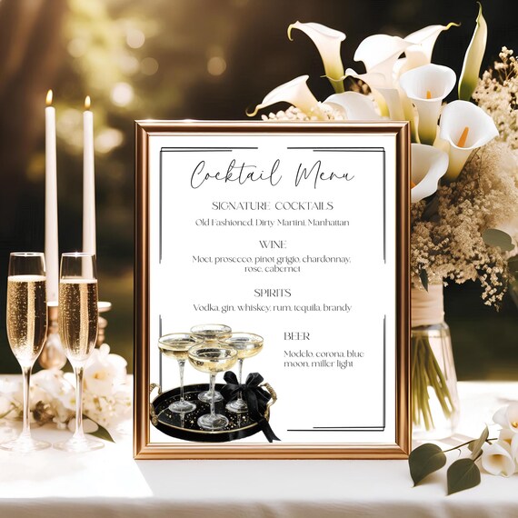 Elegant Champagne Wedding Bar Sign, Grey, Modern, Signature Cocktails (Editable Printable) Digital #mgs