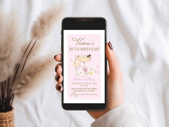 Champagne Floral Birthday Evite: Elegant Pink Electronic Invitation (Instant Download)