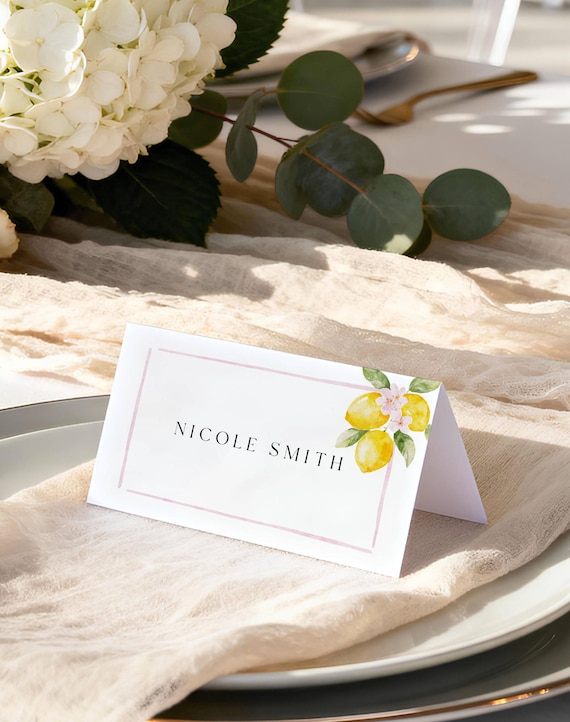 Lemons Place Card Template: Sorrento Wedding Name Card, Tent Fold & Flat (Editable) Printable #lem