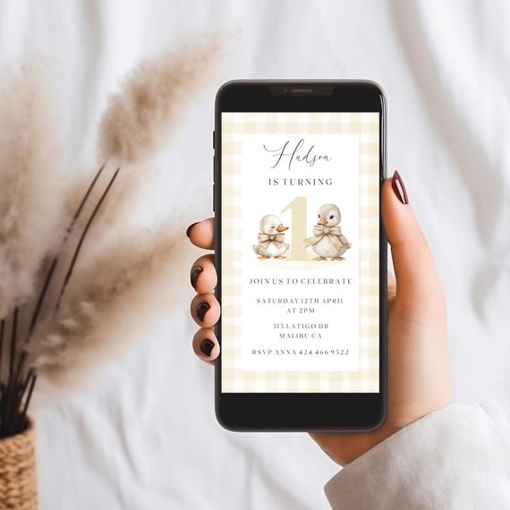 Duckling 1st Birthday Evite: Neutral Gingham, Beige Party Invite (Electronic)