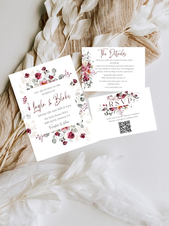 Burgundy Blush Floral Wedding Invitation Set: Printable Wildflower Invite (Editable Template) #bur